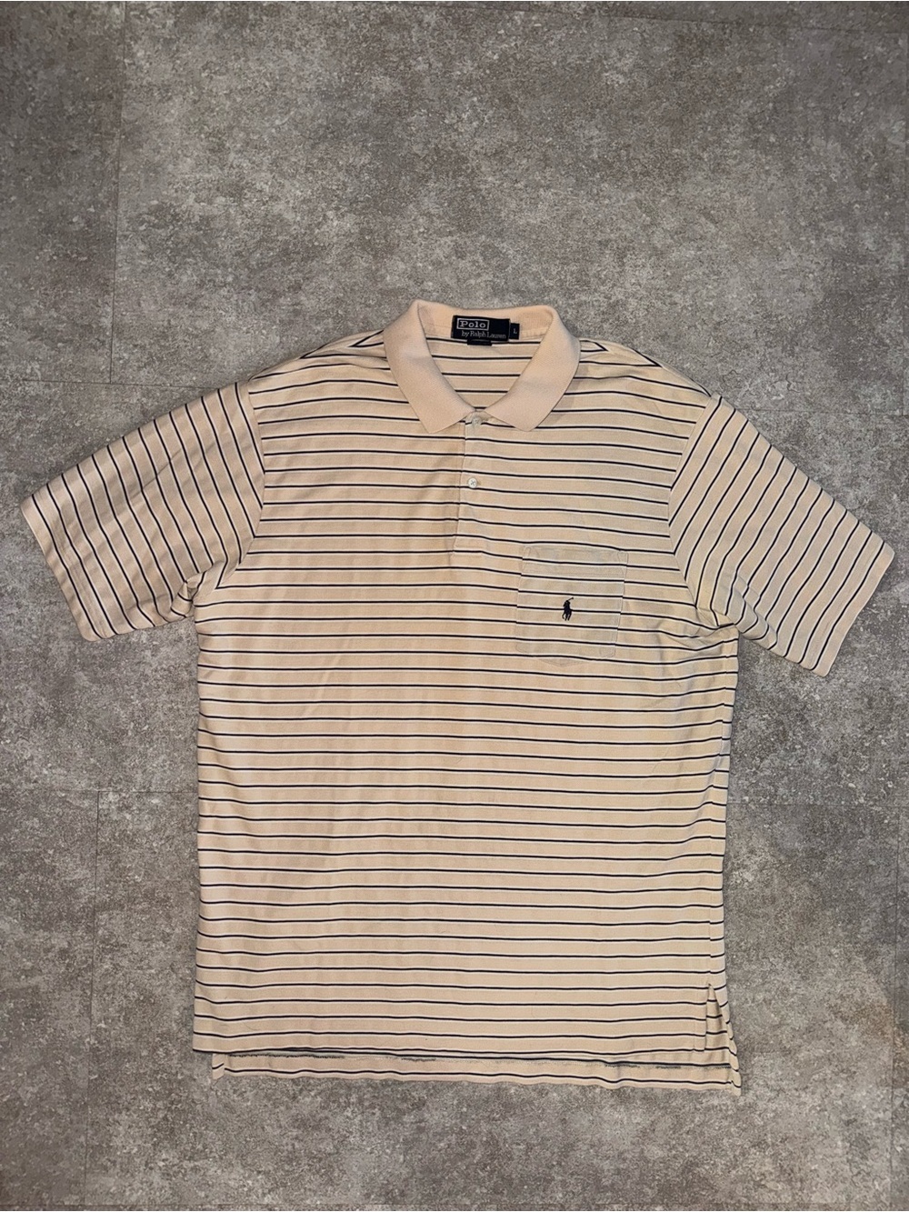 Polo by Ralph Lauren Men’s L Classic Fit Beige/Blue Striped Polo Pocket Logo